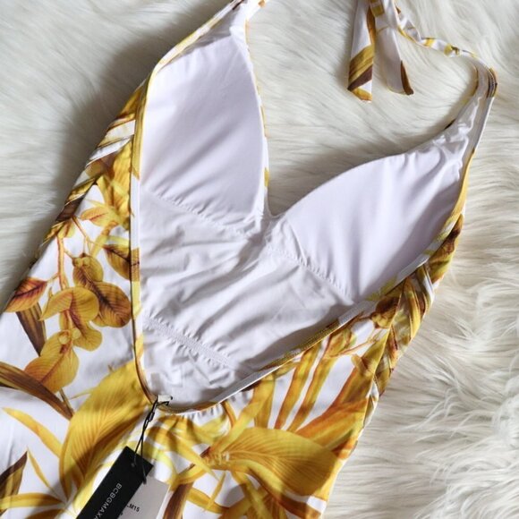 NWT BCBGMaxazria Yellow White Tropical Print One Piece Bathing Suit - Picture 7 of 10